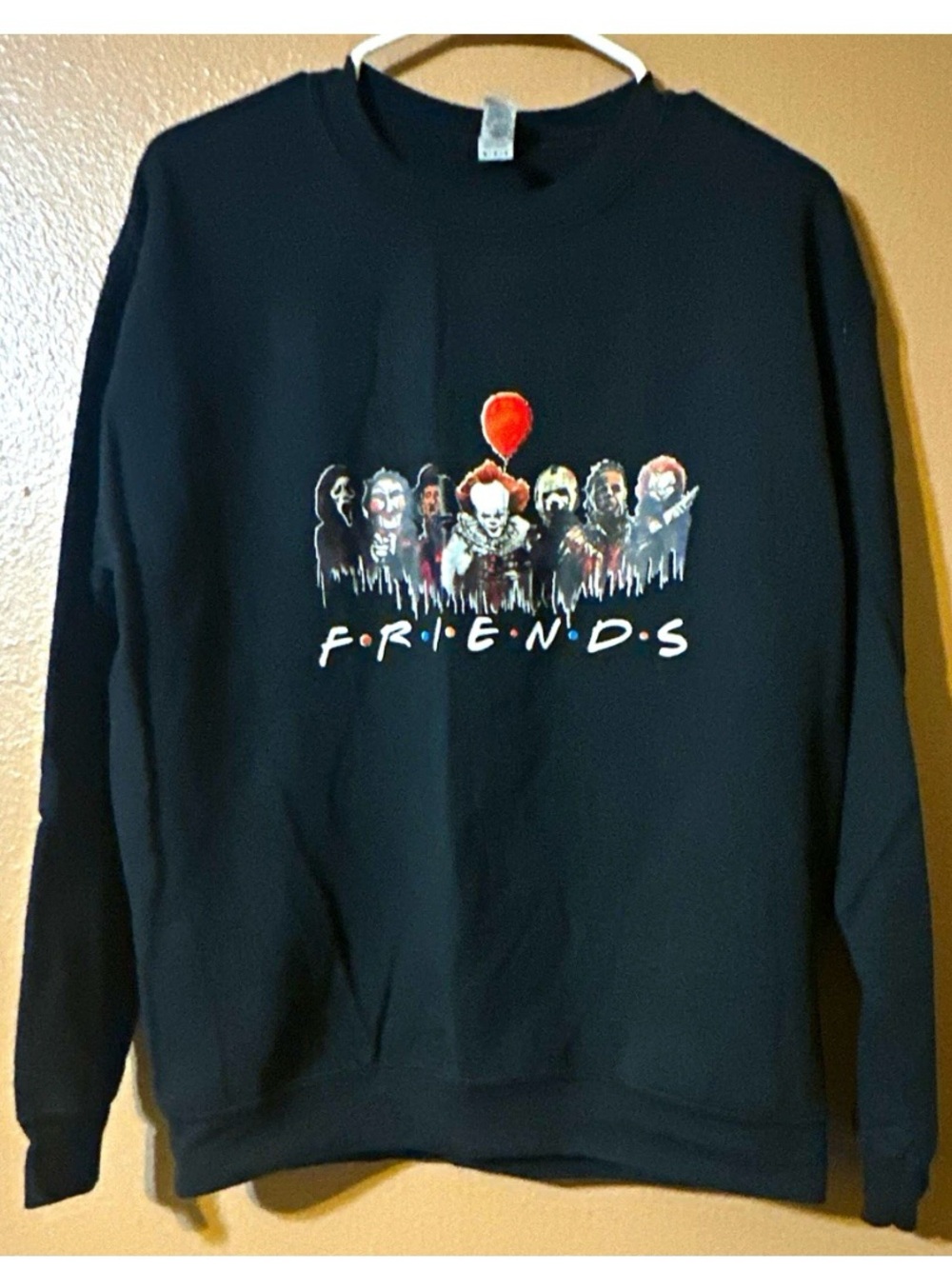 Black Graphic Crewneck Sweatshirt with Red Balloon Accent